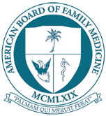 Seal of the American Board of Family Medicine, featuring a blue and white shield with a palm tree, bird, and caduceus, encircled by the organizations name and the motto Palmam Qui Meruit Ferat.