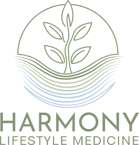 A minimalist logo featuring a stylized plant inside a circle with wavy lines below. The text HARMONY LIFESTYLE MEDICINE appears underneath in clean, modern font.