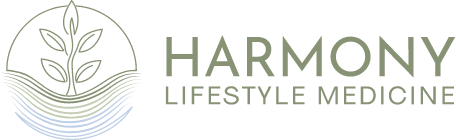 Logo for Harmony Lifestyle Medicine featuring a line drawing of a plant within a circular outline above wavy lines, next to the business name in uppercase letters. Colors are shades of green and blue.